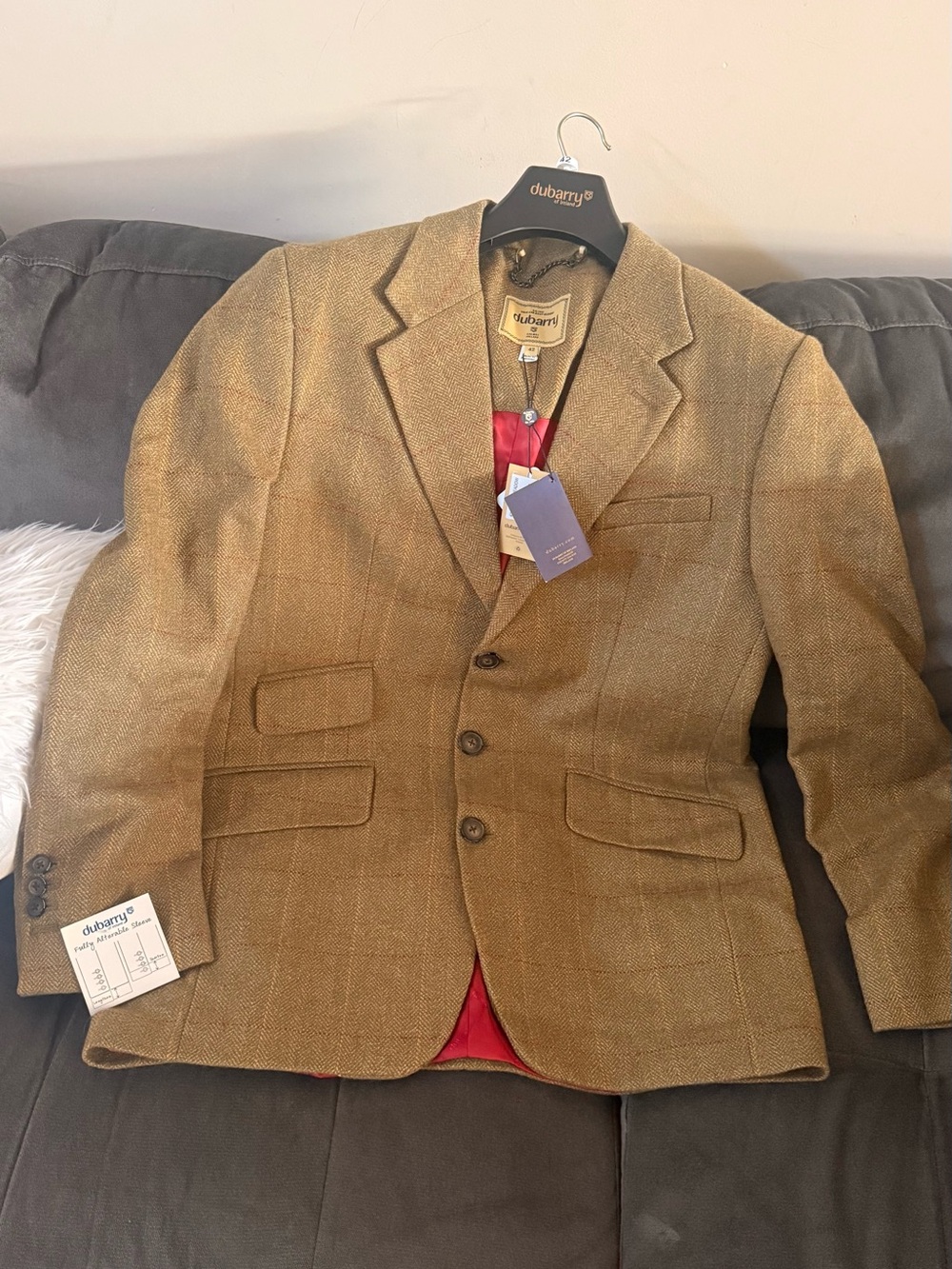 Dubarry of Ireland Men's Tan Herringbone Wool Sport Coat with Red Lining